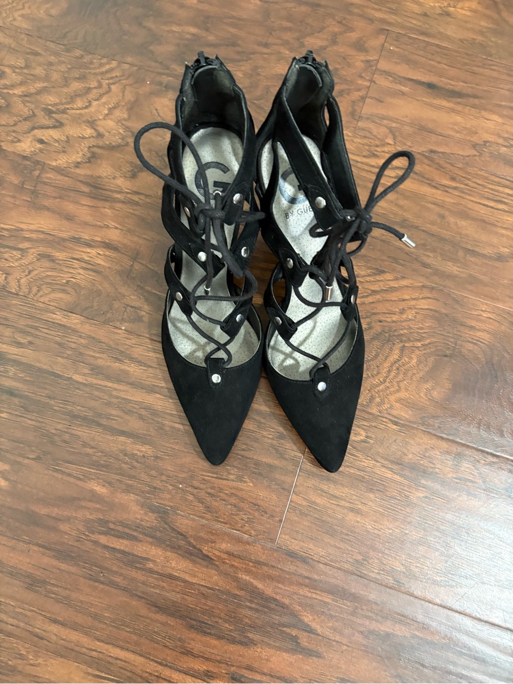 G by Guess Black Lace-Up Pointed Zipper in back Heels Size 8